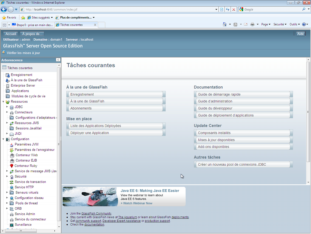 Accueil de la console d'administration de GlassFish
