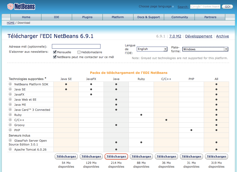 Pack d'installation de Netbeans