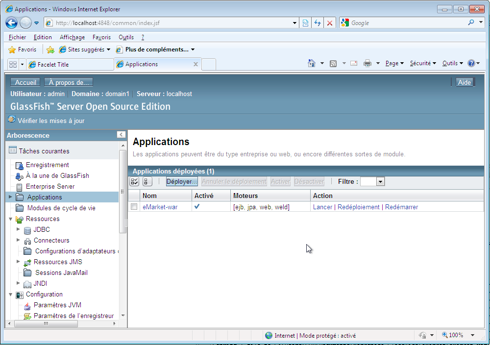 Vérification du déploiement dans la console d'administration de GlassFish